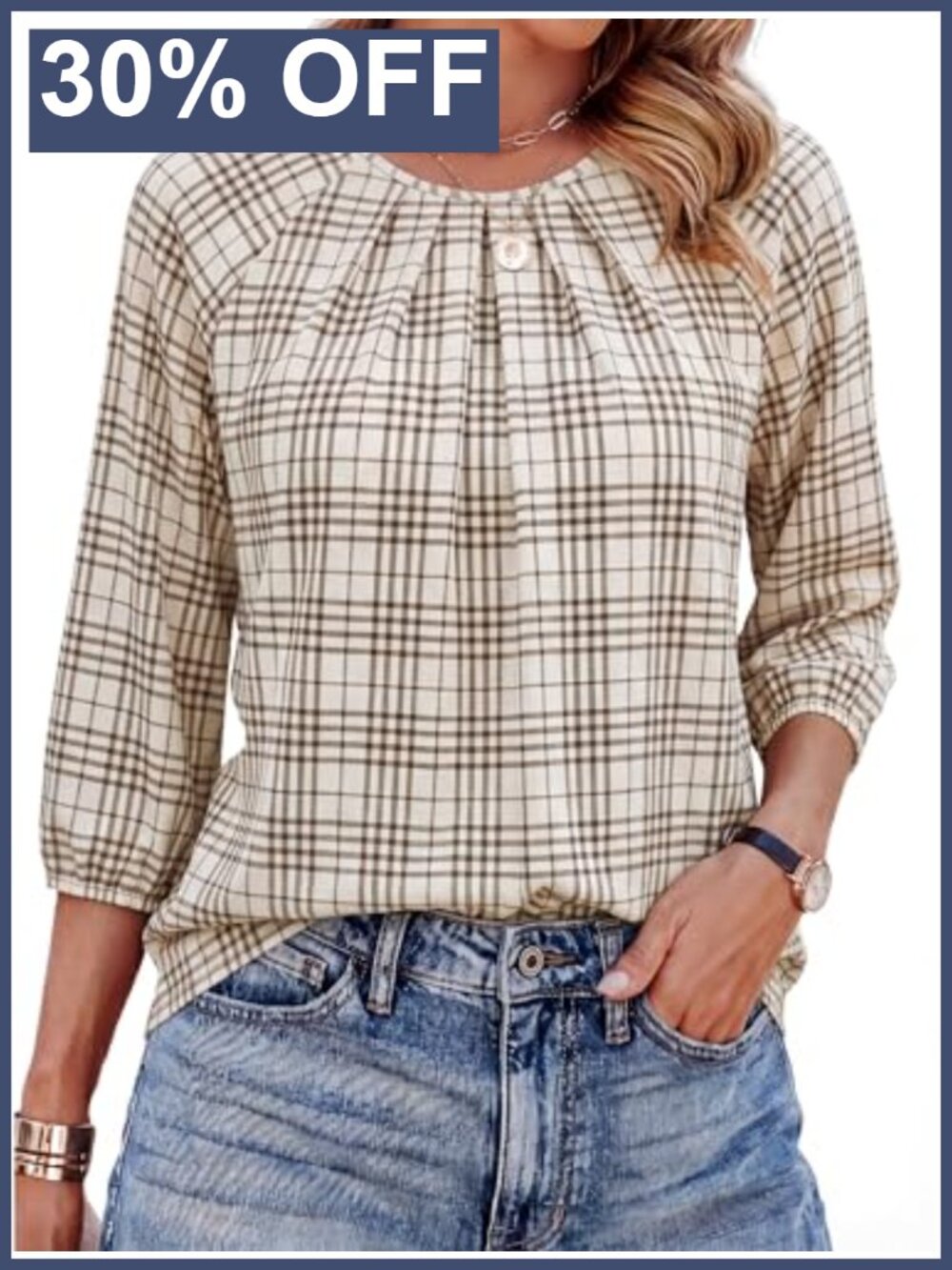 Womens Pleated Front 3/4 Sleeve Blouse Crew Neck Dressy Casual Top